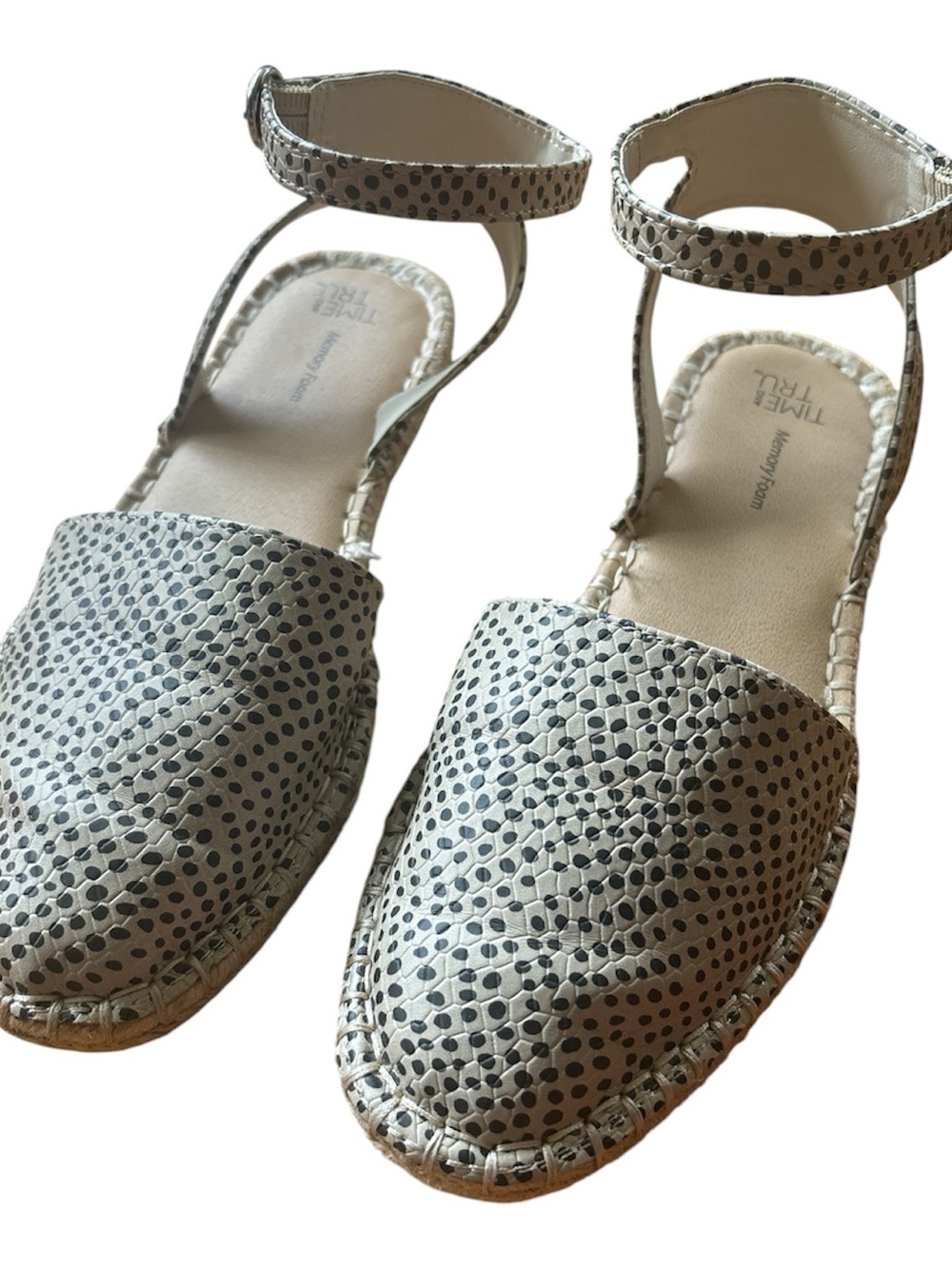 Time and Tru Cream Espadrille Flats with Black Dot Print and Ankle Strap